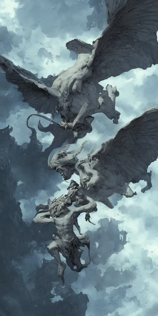 Image similar to highly detailed beautiful photography of flying gargoyle with human face, sharp focus, dynamic lighting, elegant, harmony, beauty, masterpiece, by riccardo federici, by james jean, by craig mullins, by lois van baarle, by makoto shinkai, by greg tocchini, by greg rutkowski, illustration, ink draw, pen, blue background