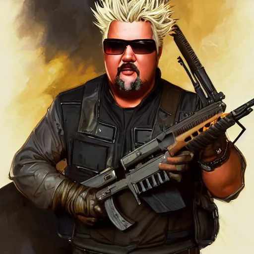 Prompt: portrait of guy fieri in tactical gear firing rifles, ethereal, handsome, d & d, fantasy, intricate, elegant, highly detailed, digital painting, artstation, concept art, matte, sharp focus, illustration, art by artgerm and greg rutkowski and alphonse mucha