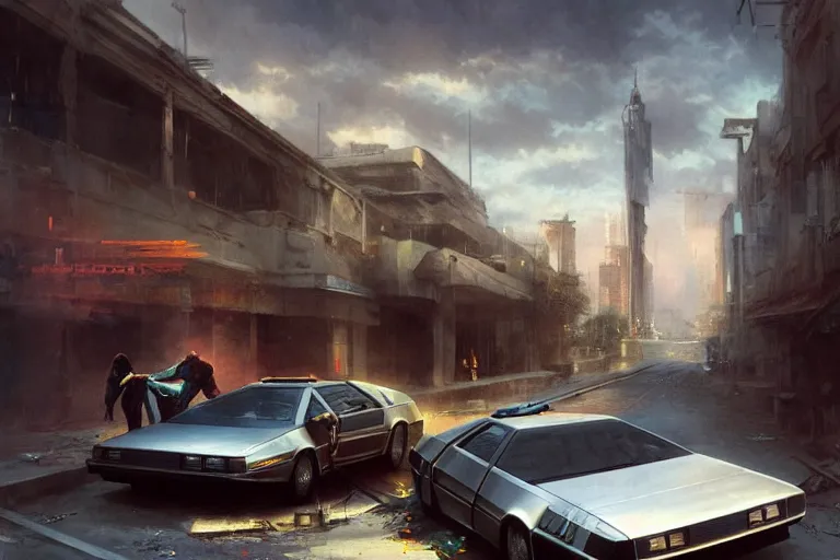 Image similar to photograph of the delorean, with a sleek spoiler, driving down the streets of a cyberpunk abandoned city, by greg rutkowski, by stanley artgerm, by alphonse mucha