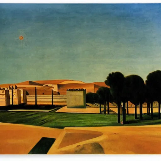 Image similar to kibbutz ein harod ihud in israel by giorgio de chirico and edward hopper