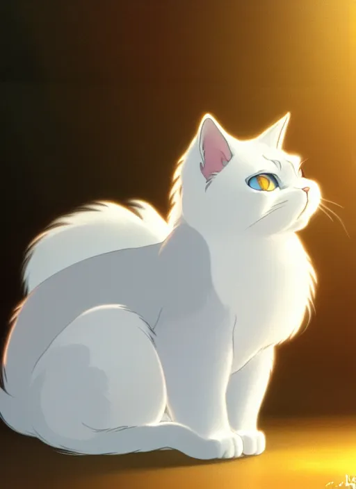 Prompt: fluffy white cat, natural lighting, path traced, highly detailed, high quality, cartoon, digital painting, by don bluth and ross tran and studio ghibli and alphonse mucha