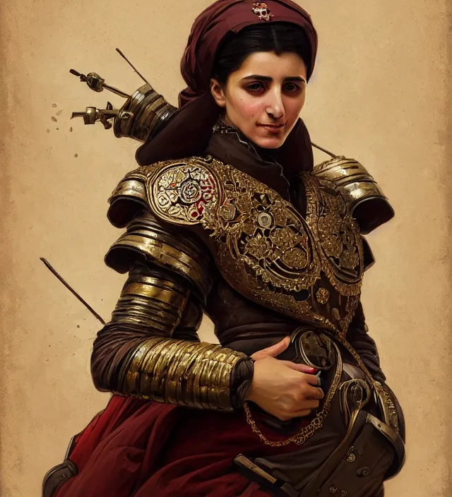 Prompt: portrait of a turkish woman wearing a traditional nineteenth century ottoman empire military jacket, metal shoulder pauldrons, intricate, highly detailed, digital painting, artstation, concept art, sharp focus, cinematic lighting, illustration, art by artgerm and greg rutkowski, alphonse mucha, cgsociety