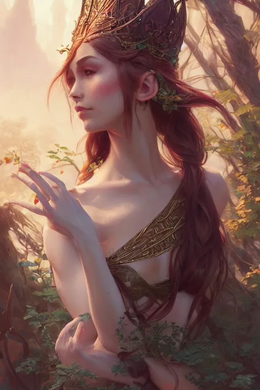 Prompt: beautiful elven princess, accurate anatomy, only two hands, highly detailed, digital painting, artstation, concept art, smooth, sharp focus, illustration, Unreal Engine 5, 8K, art by ross tran and greg rutkowski and alphonse Mucha