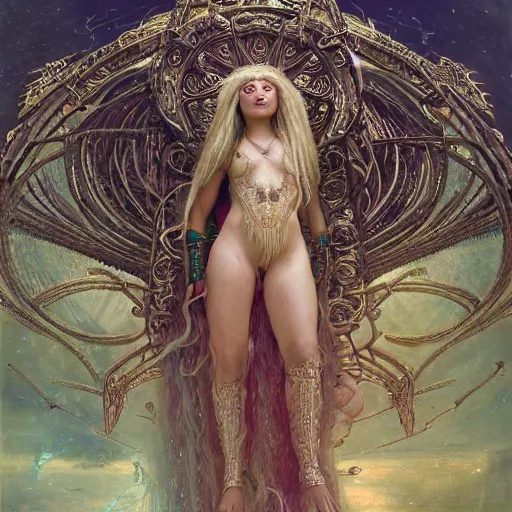 Image similar to intricate detail, hyper detail, lady of elche techno mystic princess intergalactica, inanna, ashteroth, with aqua neon rapunzel dreadlocks, mami wata, detailed, by gaston bussiere, bayard wu, greg rutkowski, h. r. giger, greg rutkowski, sandro botticelli, masterpiece, sharp focus,