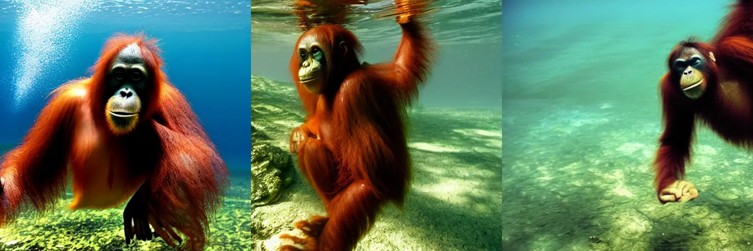 Prompt: Orangutan swimming underwater, photograph