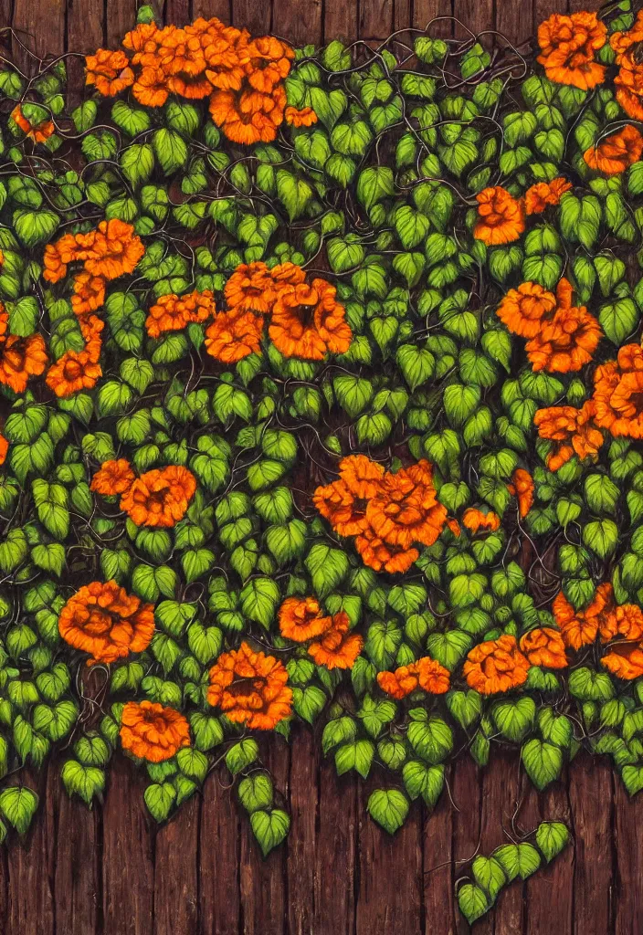 Prompt: award winning hyperrealistic artwork about entangled sunflowers and falling nasturtiums with vines on a wooden fence in the sky, high definition, fine details, closeup, macro