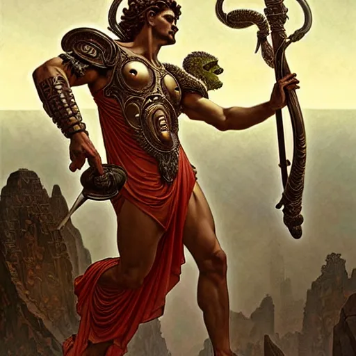 Image similar to geico gecko as the roman god of protection!! intricate elegant, highly detailed, digital painting, artstation, concept art, smooth, sharp focus, illustration, art by ( ( ( artgerm ) ) ) and greg rutkowski! and ( ( alphonse mucha ) ), heavily influenced by frank frazetta and boris vallejo, sword and sorcery