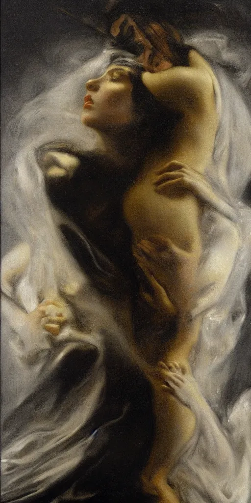 Prompt: highly detailed oil painting | very intricate | cinematic lighting | black, white and gold color scheme, dark background | the mist of the mistic by beethoven | by roberto ferri, by gustav moreau, by singer sargent and klimt, american romanticism, occult art | by austin osman spare, artstation, cgsociety, official art, octane