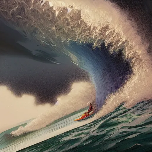 Image similar to big wave surfing at teahupo'o, intricate, highly detailed, digital painting, artstation, concept art, smooth, sharp focus, illustration, unreal engine 5, 8 k, art by artgerm and greg rutkowski and alphonse mucha