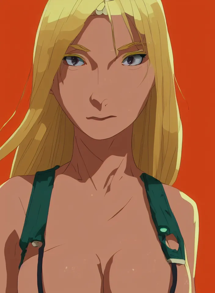 Prompt: beautiful blond woman in orange tribal bikini, blond hair pulled back off the face, green eyes, by makoto shinkai, 8 k, high resolution render, cinematic color grading, clean lineart and flat color,