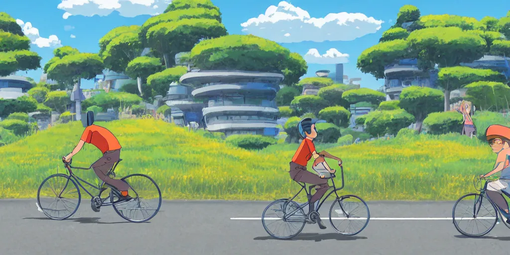 Prompt: a young man riding a bicycle on a single road from an open grassy field into a futuristic metropolis under a clear blue sky, painting in the style of studio ghibli, 4 k