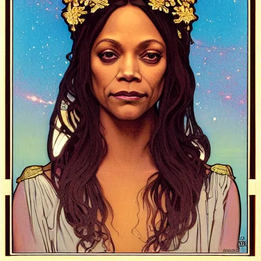 Image similar to zoe saldana portrait by louis - theophile hingre and alphonse mucha, realistic, sharp focus, zodiac signs, tarot cards, planets, ethereal, art nouveau, magic, moon, sun, crown, dreamy, royal, jewellery