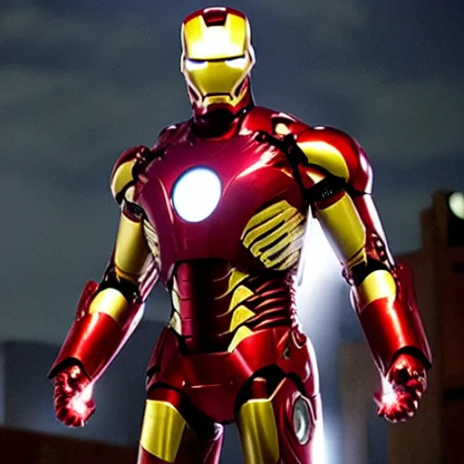 Prompt: promotional image of Nicolas Cage as Iron Man in Iron Man（2008）, he wears Iron Man armor without his face, movie still frame, promotional image, imax 70 mm footage