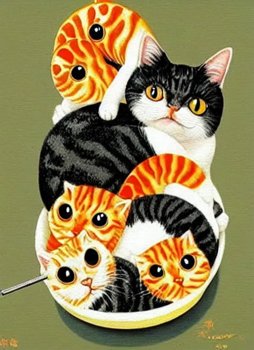 Image similar to clear surrealist painting of adorable cats made out of sushi