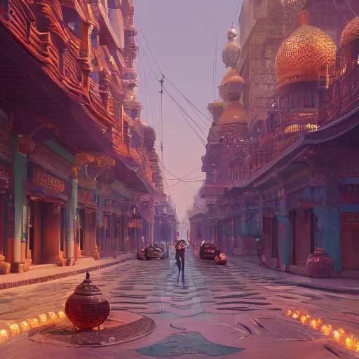 Prompt: orientalist city with glittering copper domes and street paved with lapis and marble intricate artwork by Tooth Wu and wlop and beeple and Dan Mumford. Octane render, trending on artstation, greg rutkowski very coherent symmetrical artwork. Cinematic, hyper realism, high detail 8k