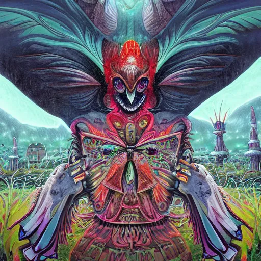 Image similar to 8K Portrait of centered chest up of a psychedelic godlike mothman with giant mandala wings smoking a hand-rolled cigarette smoking heavily , magic mushroom village in background , post-processing , award winning. superb resolution. in the art style of junji Ito and greg rutkowski . Detailed Mushroom city in background. Hyper realistic anime. Perfect art. Dalle2