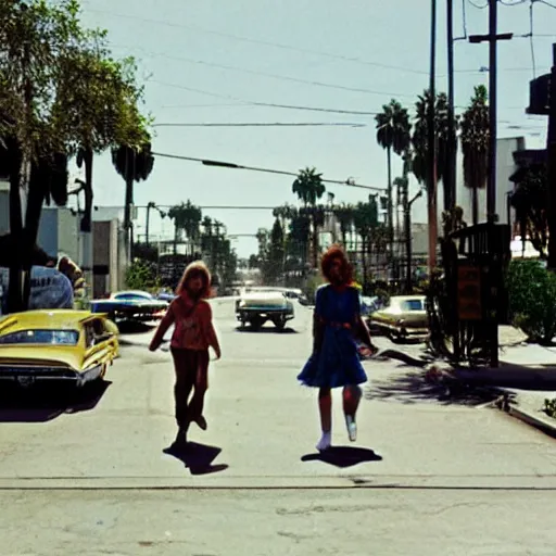 Prompt: a street in los angeles with 2 happy people in 1 9 7 0. 7 0's color 4 k hippy style