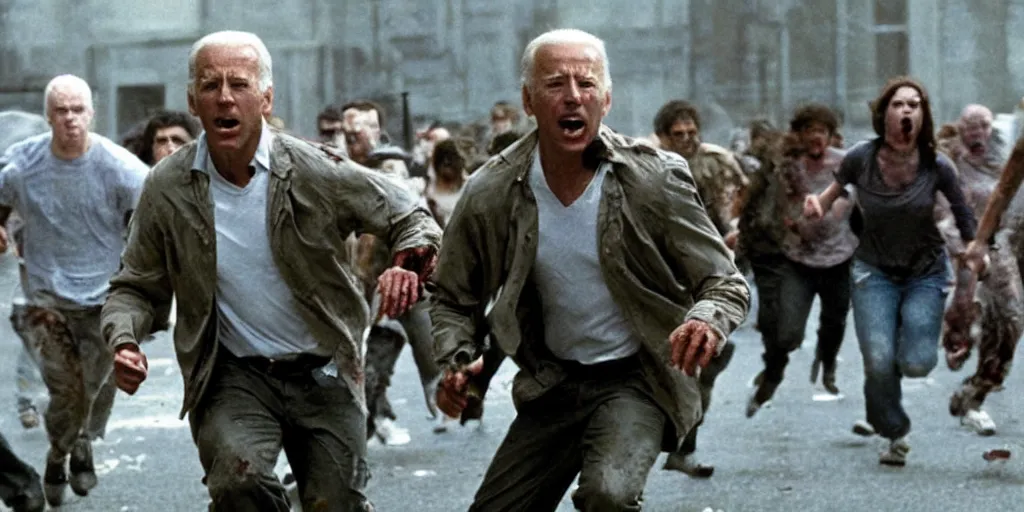 Image similar to movie still of joe biden running away from a hoard of infected zombies in the movie 2 8 days later, detailed, real, cinematic