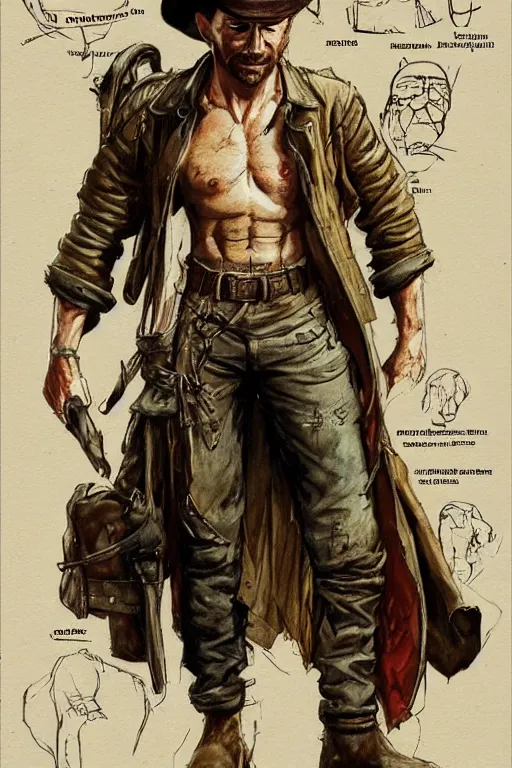 Prompt: character design, reference sheet, 40's adventurer, unshaven, optimistic, stained dirty clothing, straw hat, heavy boots, leather bomber jacket, detailed, concept art, realistic, hyperdetailed, , art by Frank Frazetta