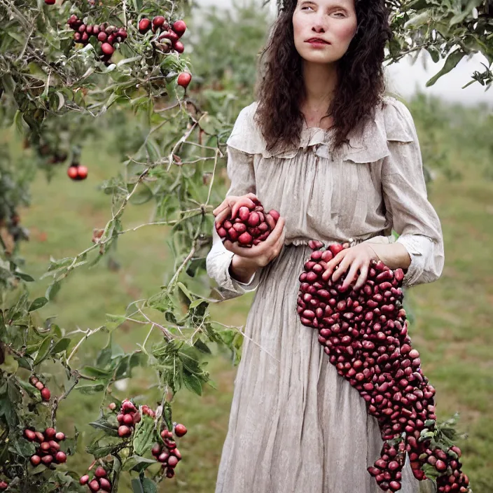 Prompt: a closeup portrait of a woman wearing a dress made of tangled twine and ribbon, picking pomegranates from a tree in an orchard, foggy, moody, photograph, by vincent desiderio, canon eos c 3 0 0, ƒ 1. 8, 3 5 mm, 8 k, medium - format print