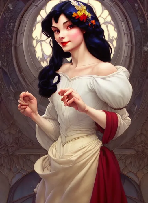 Image similar to disney snow white, intricate, elegant, highly detailed, my rendition, digital painting, artstation, concept art, smooth, sharp focus, illustration, art by artgerm and greg rutkowski and alphonse mucha and uang guangjian and gil elvgren and sachin teng, symmetry!!