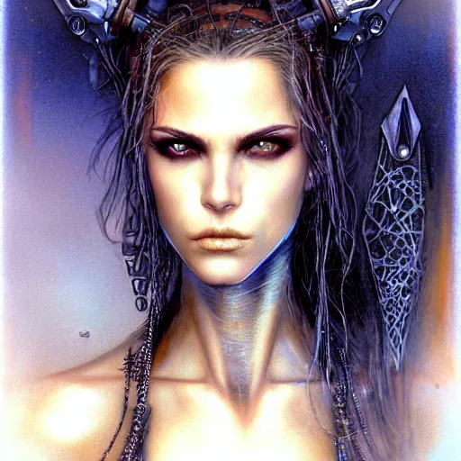 Image similar to an award finning closeup facial portrait by luis royo and john howe of a very beautiful and attractive female bohemian cyberpunk traveller aged 1 9 in excessively fashionable cyberpunk gear