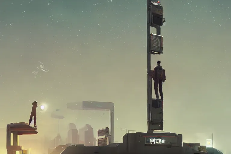 Image similar to the last on earth standing on top of street light, wide shot, sci fi, art by mike winkelmann, trending on cgsociety, retrofuturism, darksynth, sci - fi