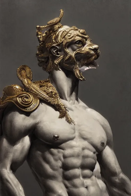 Image similar to Dog as a Greek god, detailed face, greek statue, gorgeous, amazing, muscular, fit, very muscular male body, brilliance, delicate and intricate borders for decoration, intricate, highly detailed, digital painting, artstation, concept art, sharp focus, illustration, art by greg rutkowski beeple , loish and alphonse mucha