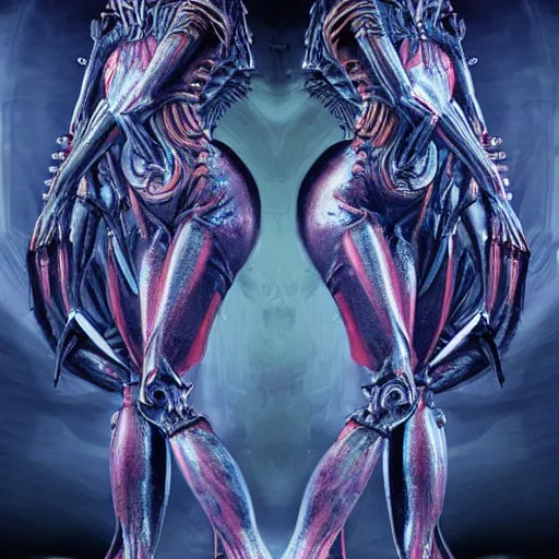 Prompt: in the style of h. r. giger, john whimperstand : : fantasy art composition : : award - winning high definition photomanipulation : : biomechanical pale woman hologram, blue hair : : red dark futuristic lab