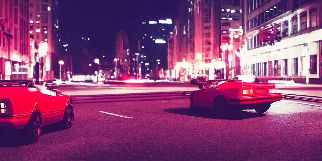 Image similar to 80s red sports car, parked on deserted city street at night time, purple lighted street, wide angle, cinematic, retro-wave vibes, grainy, soft motion blur, VHS Screencap