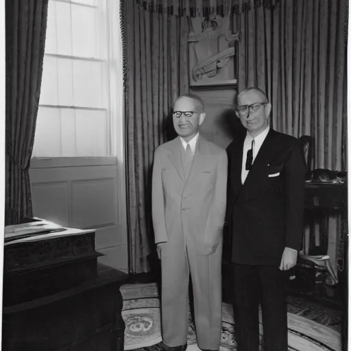 Image similar to monochrome vintage photograph of Harry Truman standing next to a tall cute alien in the white house, ultra detailed, ultra intricate,