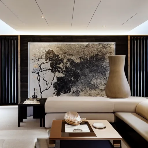 Image similar to lounge and dining room, stone, interior design, stylish luxury hotel living room design, yakisugi, black vertical slatted timber, textures, feminine, black walls, art, Japanese pottery vase with flowers, kakejiku, seasonal, Japanese influences