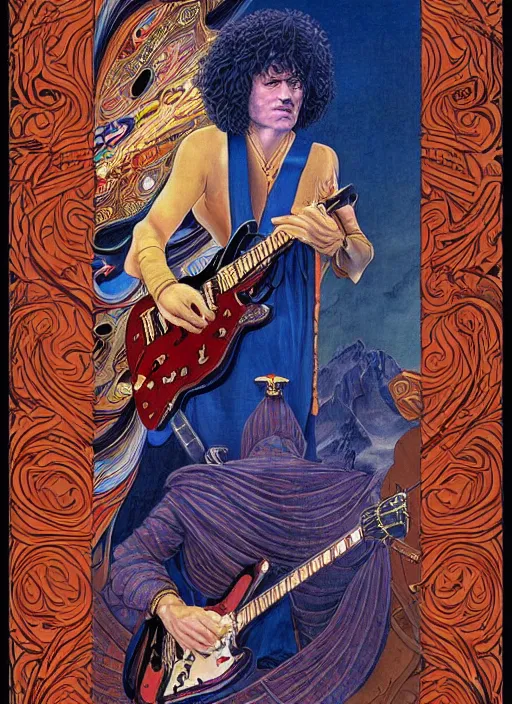 Image similar to an awesome jean giraud graphic art of pat metheny in the style of a renaissance masters portrait, mystical and new age symbolism and tibetan book of the dead imagery, intricately detailed, 4 k