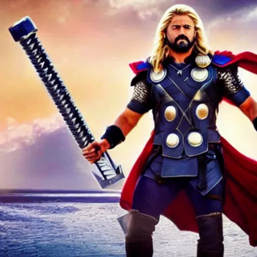 Prompt: film still of rocking star yash as thor in thor ragnarok