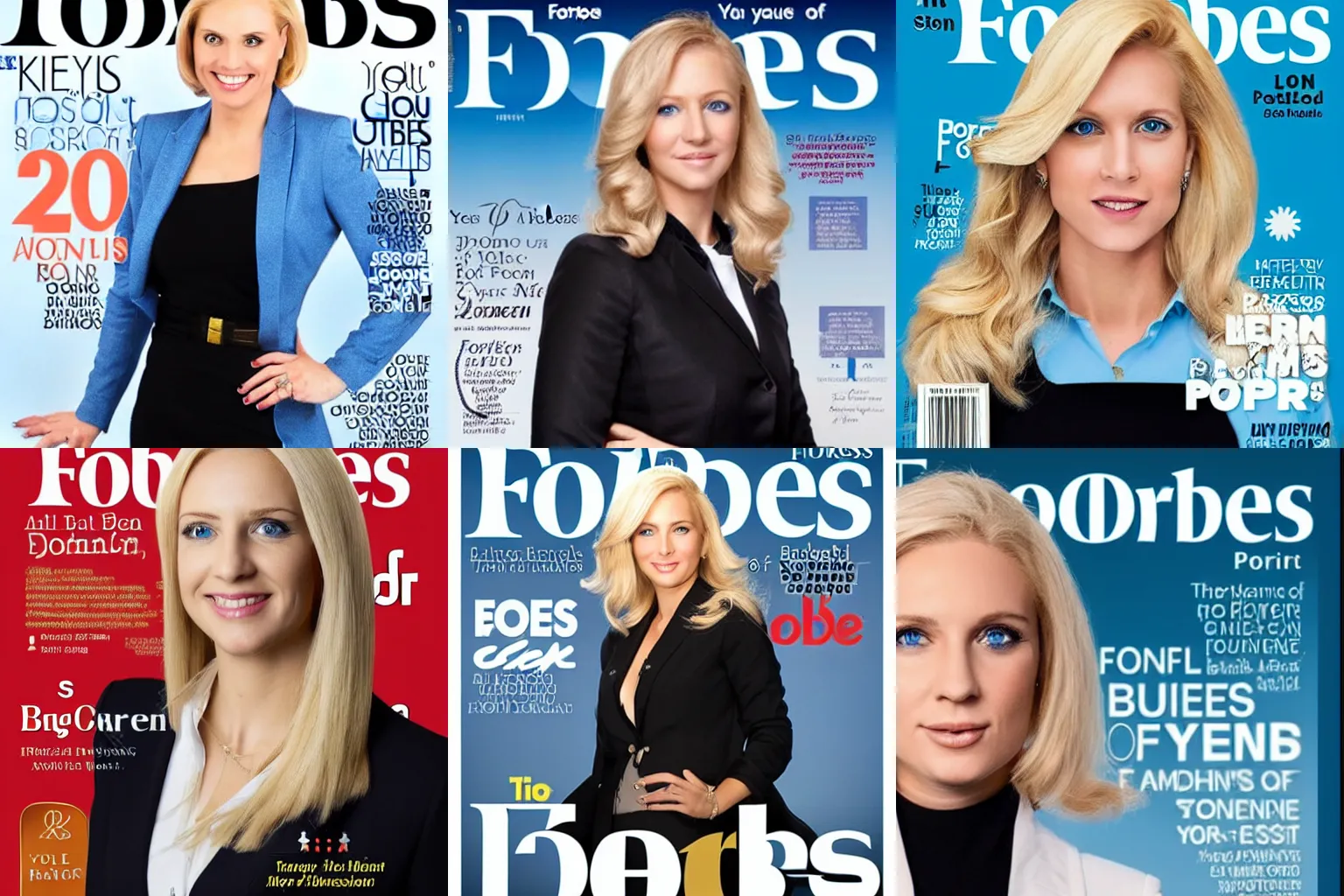 Prompt: a beautiful female angel with blonde hair and steel blue eyes as a sucessful business woman on the cover of forbes magazine person of the year