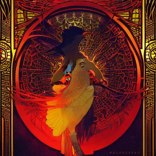 Image similar to the solarpunk phoenix, red bird, volumetric light, bokeh, painting by greg rutkowski by alphonse mucha