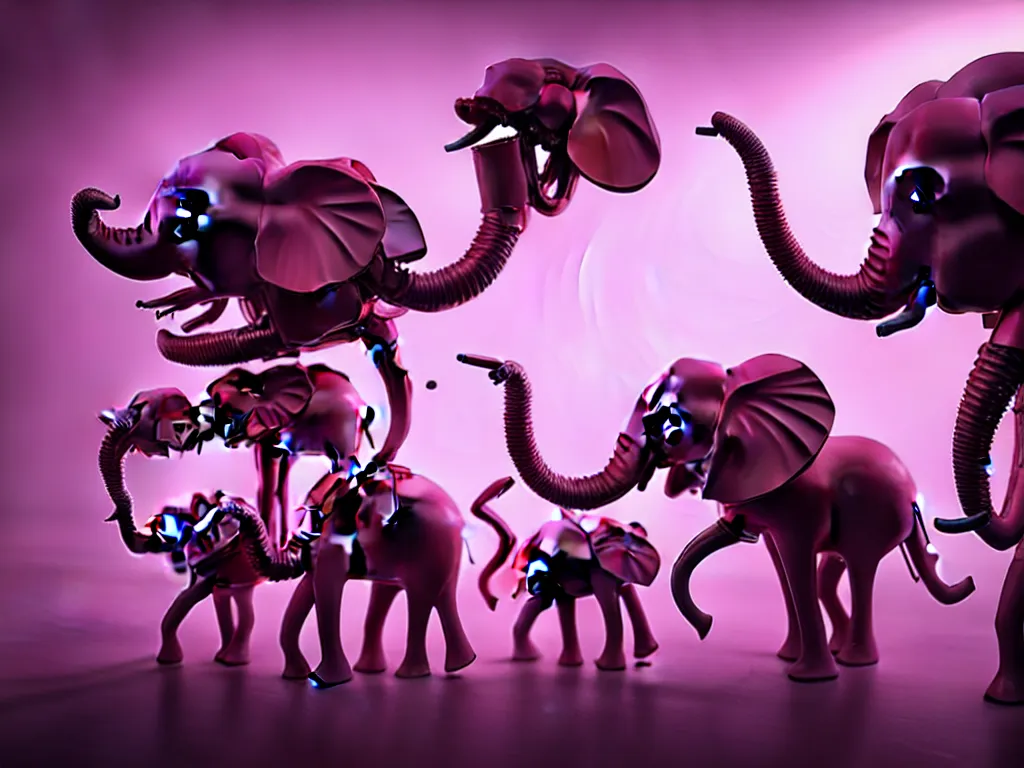 Prompt: a band of antropomorphic pink elephants playing steampunk musical instruments in a grindcore show, futuristic, cyberpunk, biomechanical, xenomorphic, photorealistic, ultra detailed, 4 k, chomatic aberration, dof 1 0 0 0. 0 0, volumetric fog, no - blur