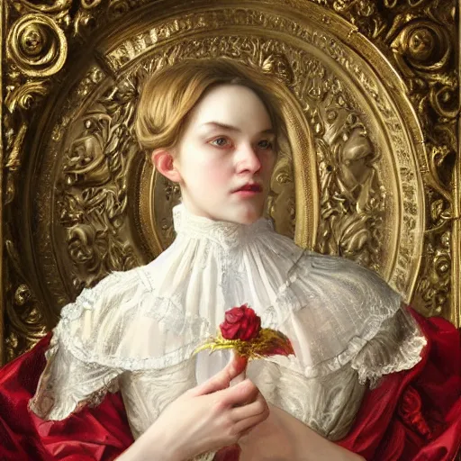 Prompt: portrait of a red sorcerer, sharp focus, baroque, rococo, highly detailed, intricate, white, regal clothing, gold ethereal light, by livia prima