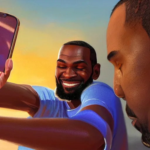 Prompt: beautiful serene intricate portrait of kevin durant and lebron james taking a selfie, smiling softly, relaxing on the beach, golden hour, soft focus, 8 k, art by irakli nadar, hyperrealism, hyperdetailed, ultra realistic