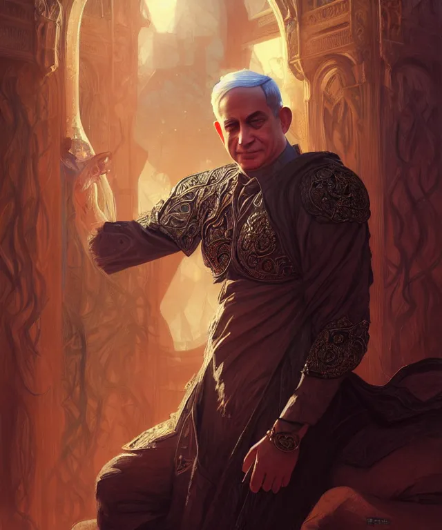 Image similar to Benjamin Netanyahu as a fantasy magic man portrait, sci-fi, amber eyes, face, long hair, fantasy, intricate, elegant, highly detailed, digital painting, artstation, concept art, smooth, sharp focus, illustration, art by artgerm and greg rutkowski and alphonse mucha