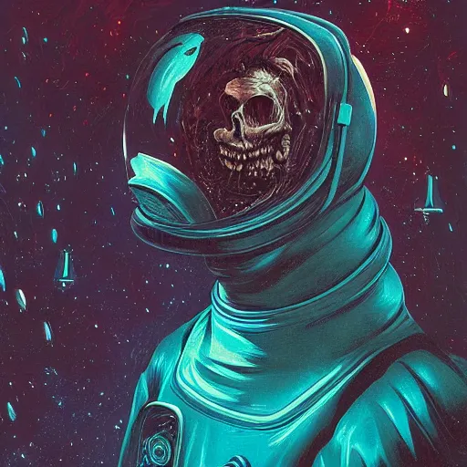Prompt: scary creepy astronaut, horror poster 9 0 s, cosmic horror, abstract, ghostly, arcade, duotone, poltergeist, lets get weird, intricate, elegant, highly detailed, digital painting, artstation, smooth, sharp focus, art by mondo, julian del rey and greg rutkowski, david la chapelle, ultraviolet colors,