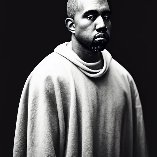 Image similar to a chiaroscuro lighting portrait of kanye west dressed as rick owens, black background, portrait by julia margaret cameron, shallow depth of field, 8 0 mm, f 1. 8