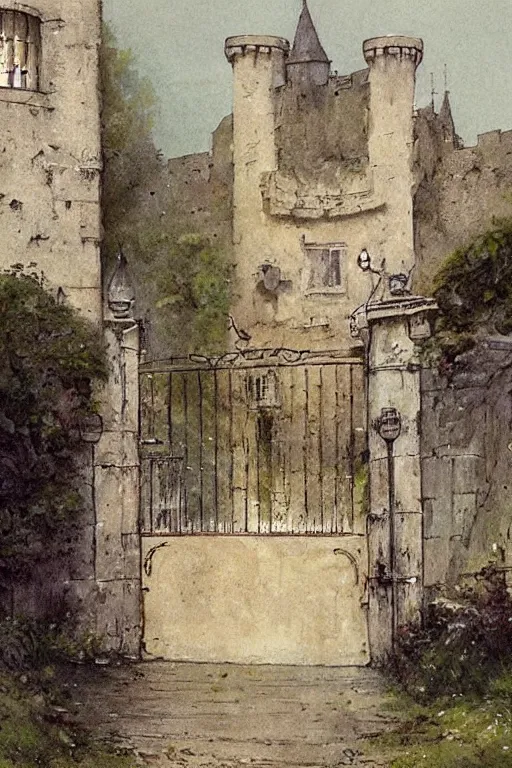 Prompt: 1950s castle gate . muted colors. by Jean-Baptiste Monge