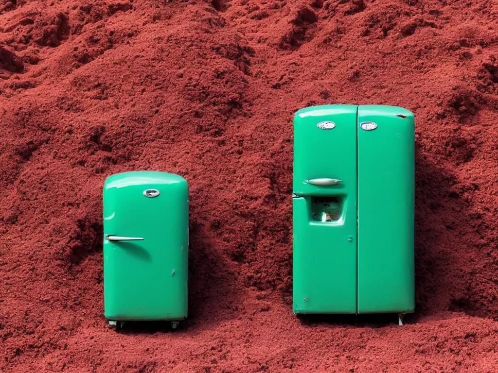 Image similar to purple refrigerator, red sand beach, green ocean, nebula sunset