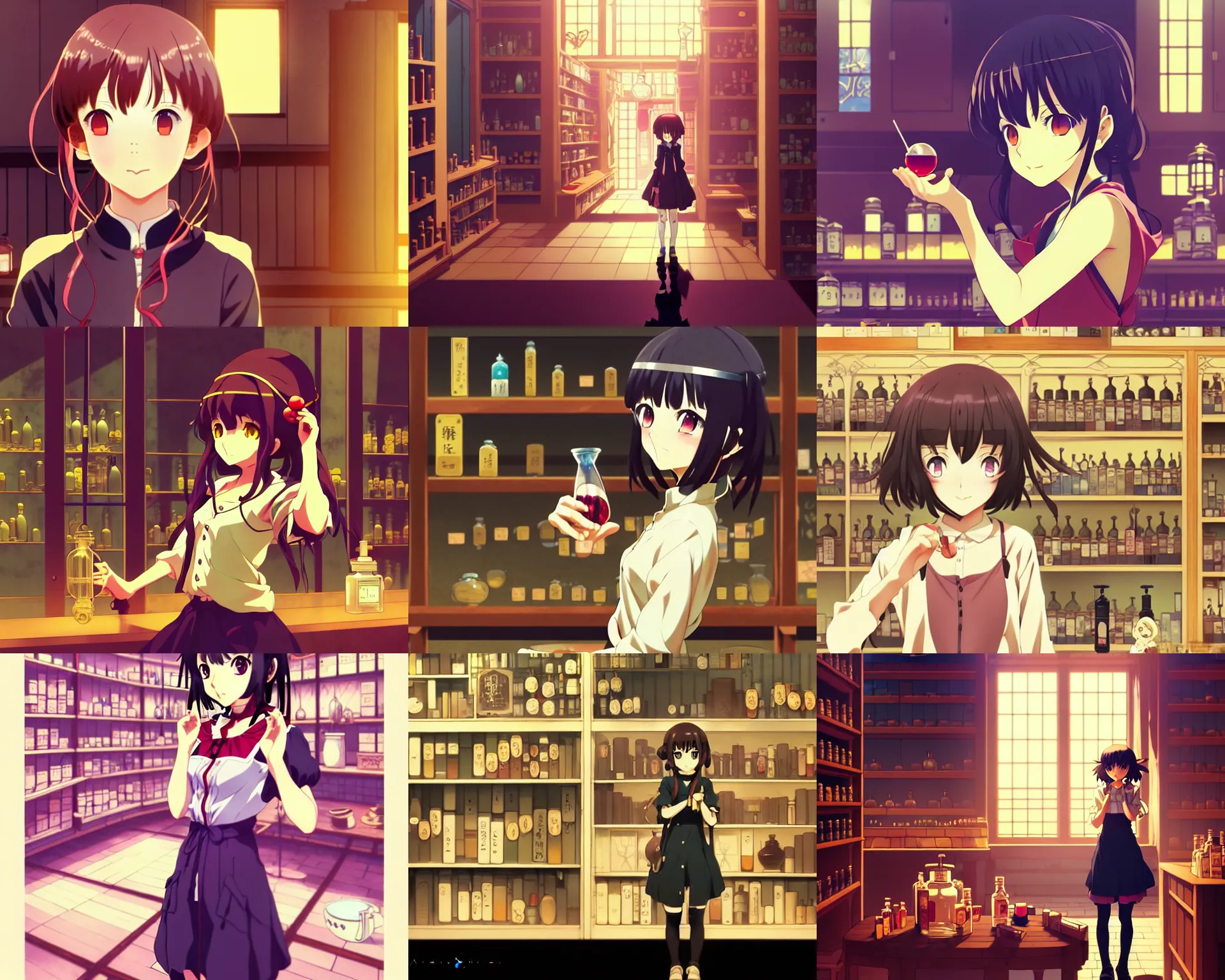 Prompt: anime frames, anime visual, portrait of a young female traveler in a alchemist's potion shop interior, cute face by ilya kuvshinov and yoh yoshinari, katsura masakazu, mucha, dynamic pose, dynamic perspective, strong silhouette, anime cels, rounded eyes, smooth facial features