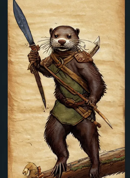 Image similar to a heroic otter scout with spear on a parchment background, redwall, greg rutowski and jean baptiste monge, detailed, epic fantasy concept art