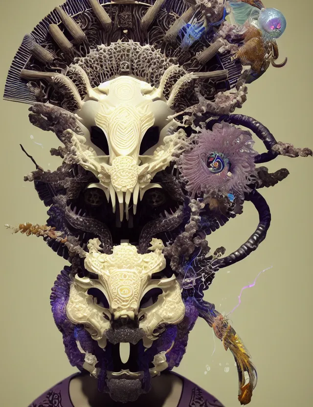 Image similar to 3 d goddess close - up frontal portrait with ram skull. beautiful intricately detailed japanese crow kitsune mask and clasical japanese kimono. betta fish, jellyfish phoenix, bio luminescent, plasma, ice, water, wind, creature, artwork by tooth wu and wlop and beeple and greg rutkowski