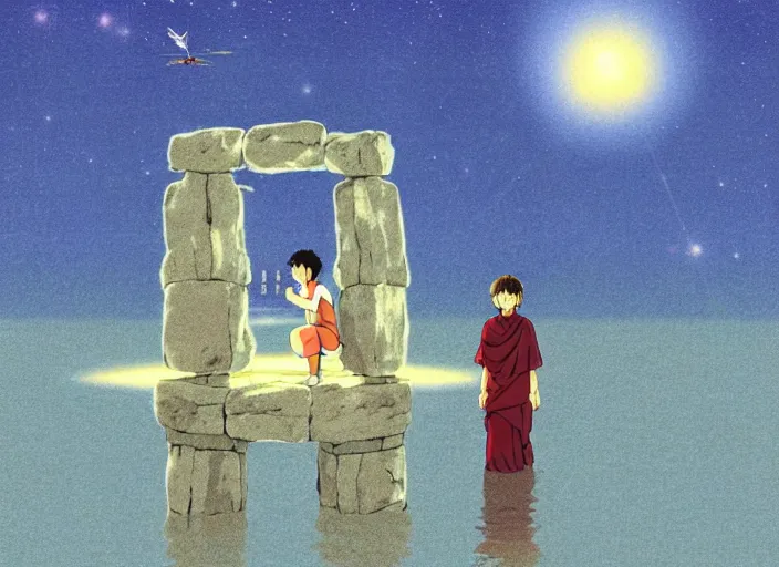 Prompt: a realistic cell - shaded studio ghibli concept art from paprika ( 2 0 0 6 ) of a floating cube from close encounters of the third kind ( 1 9 7 7 ) and a monk meditating on top of a pillar in a flooded stonehenge on a misty starry night. very dull colors, hd, 4 k, hq