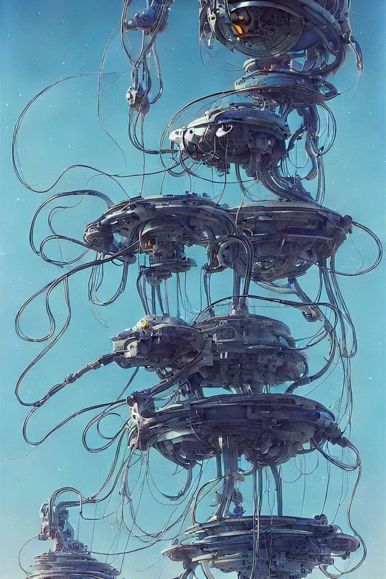 Image similar to mechanical robotic squid jellyfish spaceship with long tendrils, lots of hanging cables and wires, sci - fi concept art, by john harris, by simon stalenhag, stunning, award winning