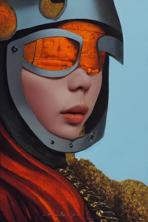 Image similar to hyperrealism oil painting, close-up portrait of medieval euopean fashion model, knight, steel gradient mixed with fire sky, in style of baroque mixed with 70s japan book art